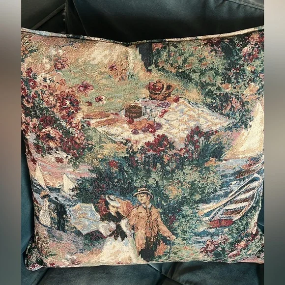 Vintage Tapestry Accent Throw Pillow Victorian Sail Boats Nautical - Picture 4 of 10